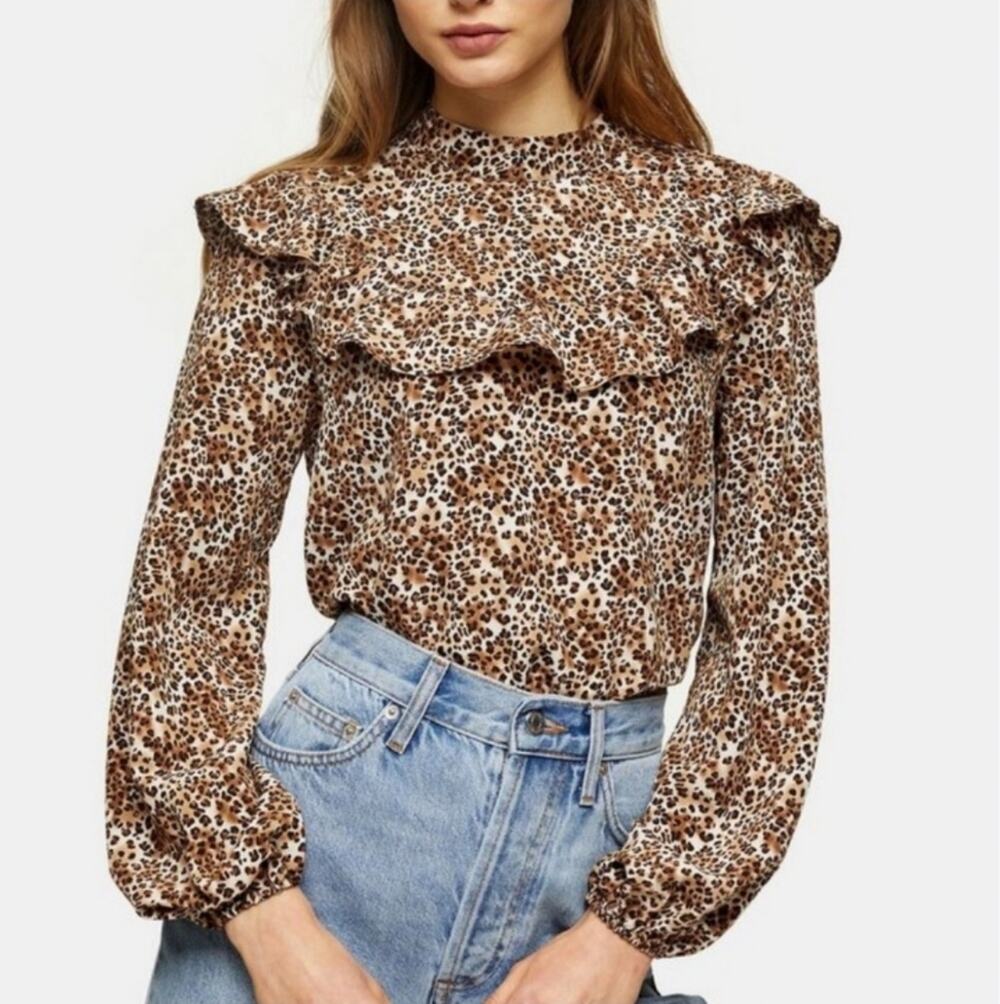 Topshop Leopard Ruffle Frill Blouse size 4